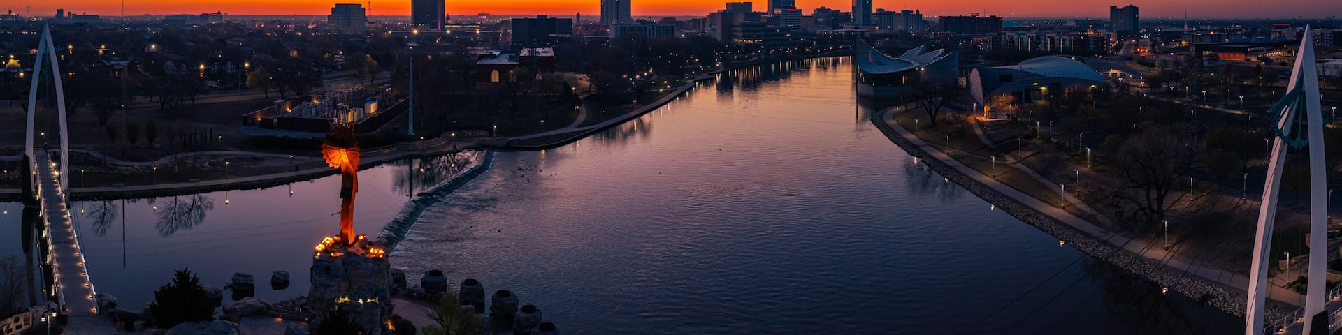 Drone Panoramic view of Downtown Wichita, Kansas and Keeper of the Plains during sunrise