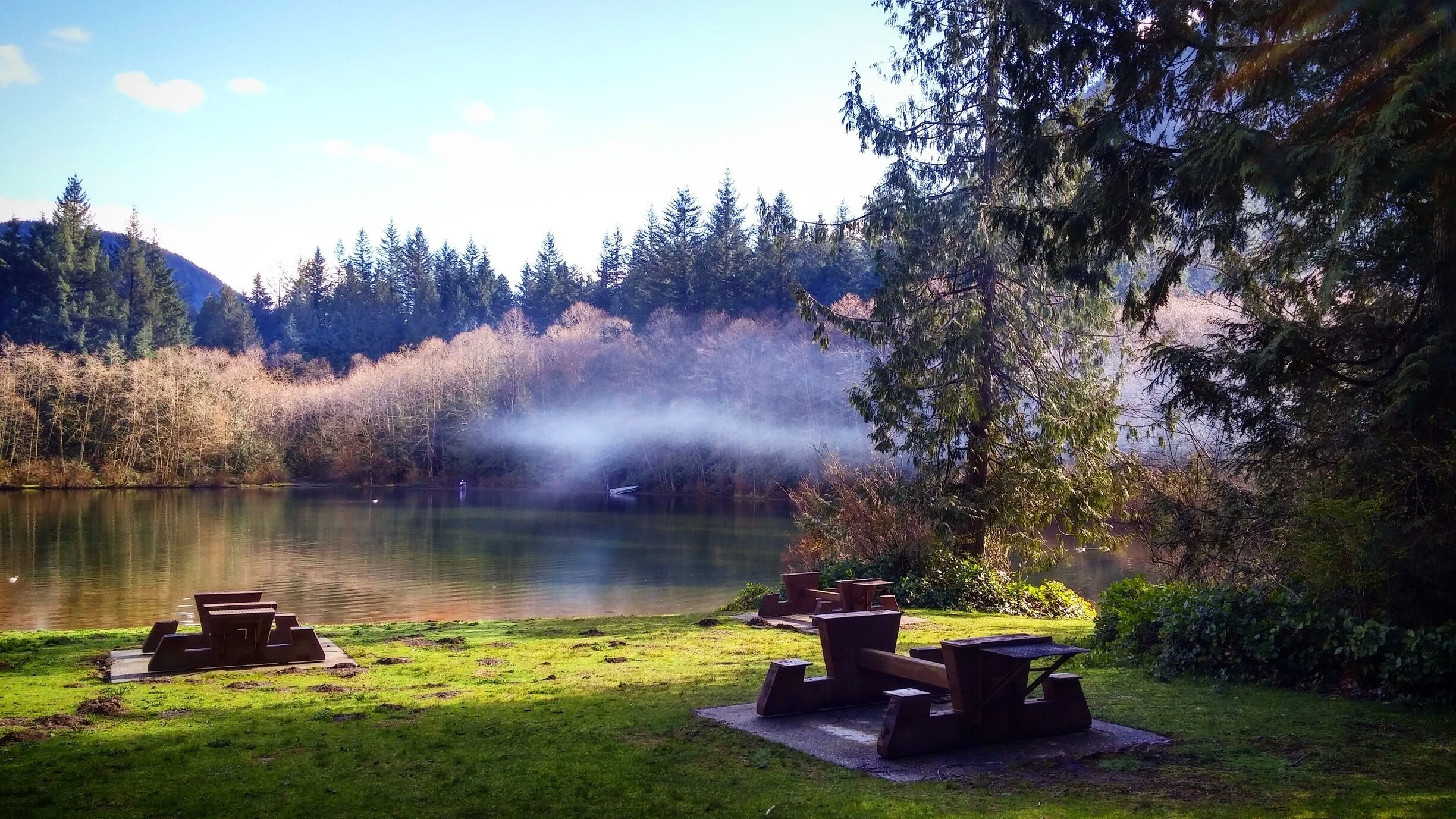 My favourite photo of the weekend. The clouds look like a ghostly serpent flying over the Lake. This is the parks day use area. 

The park sits midway up the mountain but under the snow line. The park itself is incredibly beautiful with a beach trail that takes you along the edge of the lakes within the park. There are no showers here so something to keep in mind. Only out houses and water pumps. The drive from the base to the park is about 15 minutes and there are lots of pot holes when I went so don't drive too fast or it will take your car out. The closest town is Harrison Hot Springs where you can find a beautiful beach and play area for the kids as well as the Hot Springs - but it does get crazy busy there. 