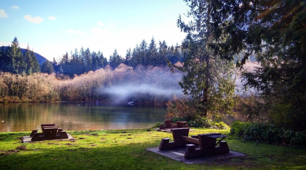 My favourite photo of the weekend. The clouds look like a ghostly serpent flying over the Lake. This is the parks day use area.
The park sits midway up the mountain but under the snow line. The park itself is incredibly beautiful with a beach trail that takes you along the edge of the lakes within the park. There are no showers here so something to keep in mind. Only out houses and water pumps. The drive from the base to the park is about 15 minutes and there are lots of pot holes when I went so don't drive too fast or it will take your car out. The closest town is Harrison Hot Springs where you can find a beautiful beach and play area for the kids as well as the Hot Springs - but it does get crazy busy there.