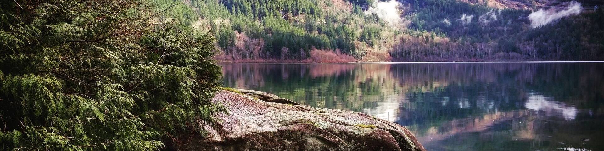 A calm lake surrounded by dense forest and mountains.
