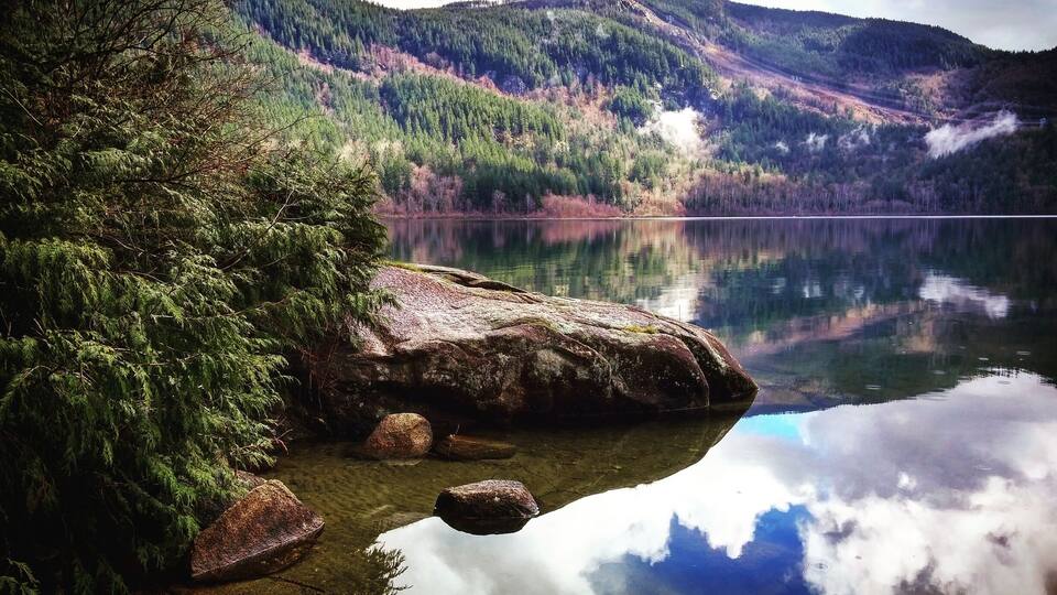A calm lake surrounded by dense forest and mountains.