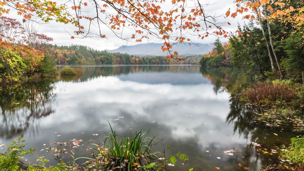 Un lac paisible, bordé d’un feuillage automnal et entouré de montagnes lointaines.