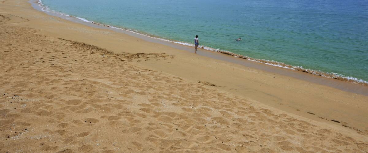 A sandy beach with gentle waves, a clear sky, and a distant shoreline.