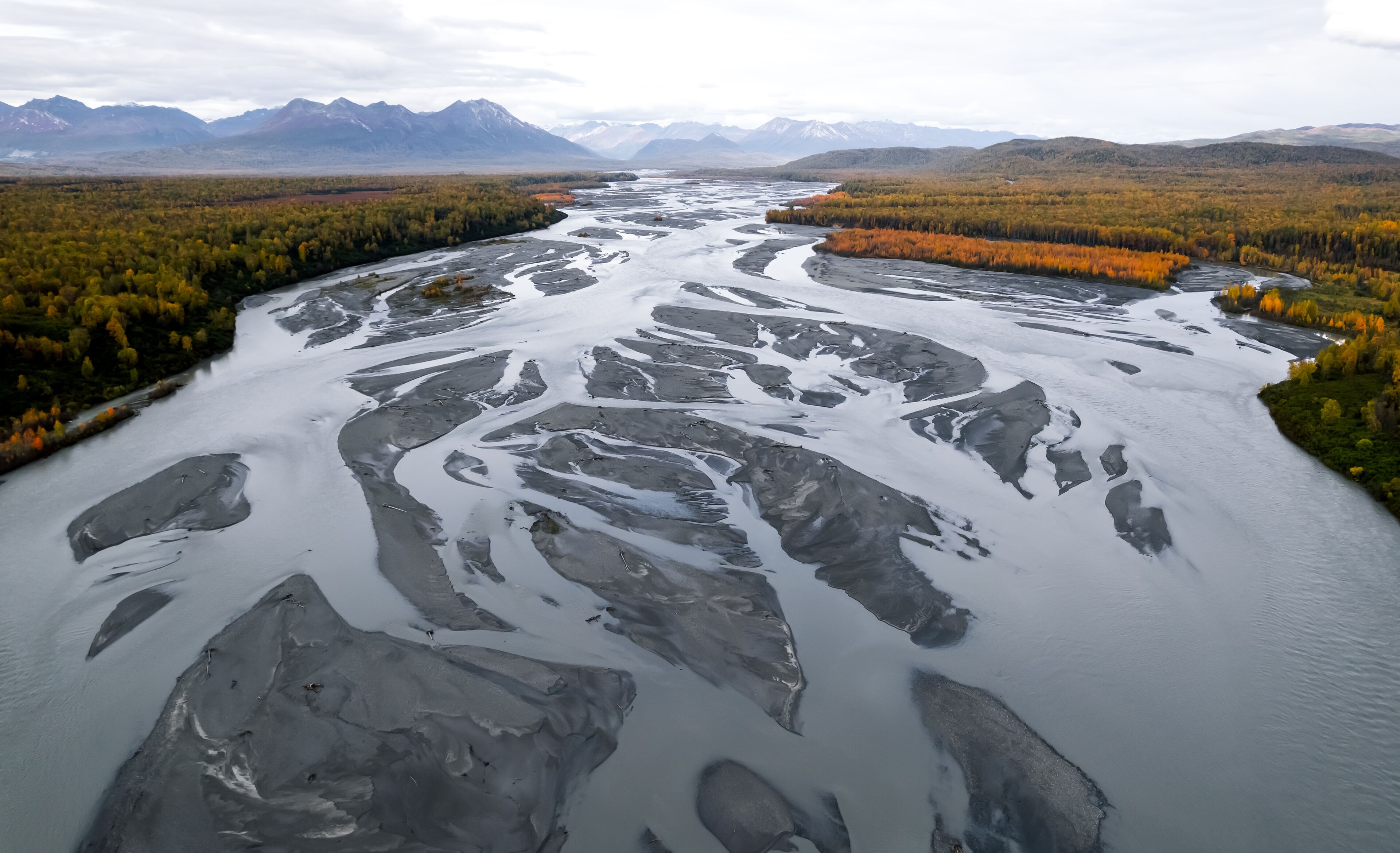 Scenic Susitna river landscape in Alaska aerial view.