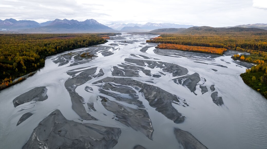 Scenic Susitna river landscape in Alaska aerial view.