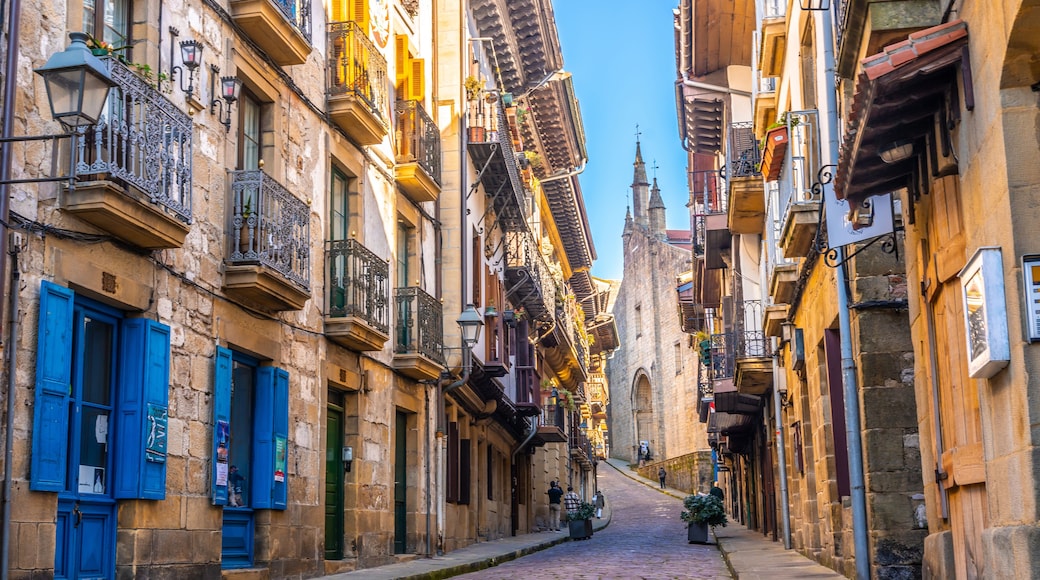 Una calle empedrada flanqueada por edificios históricos con balcones decorados y contraventanas azules.