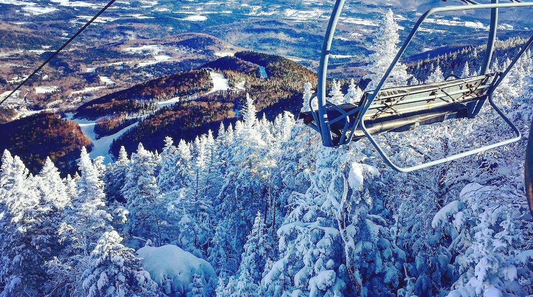 A snow-covered landscape with a ski lift chair, trees, and a valley below.