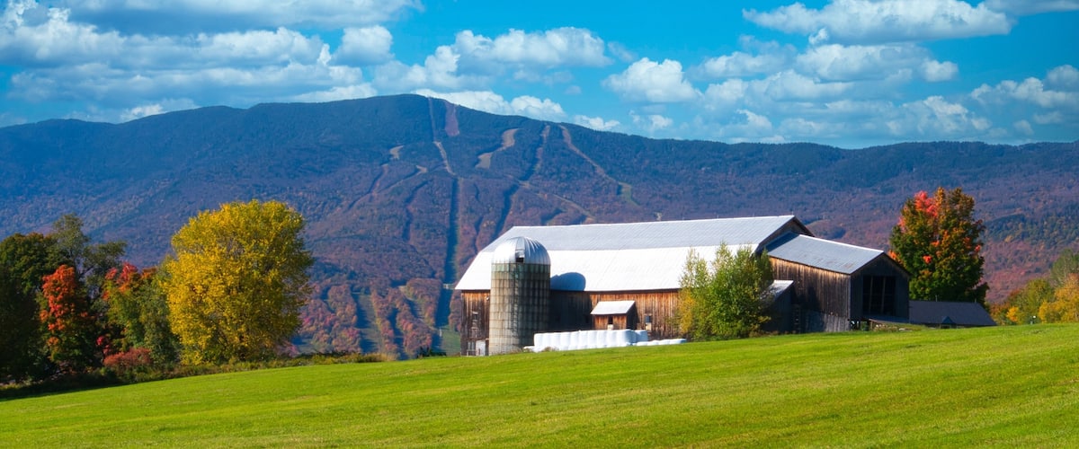 A barn with a silo, surrounded by a green field and trees with autumn foliage, with mountains in the background.