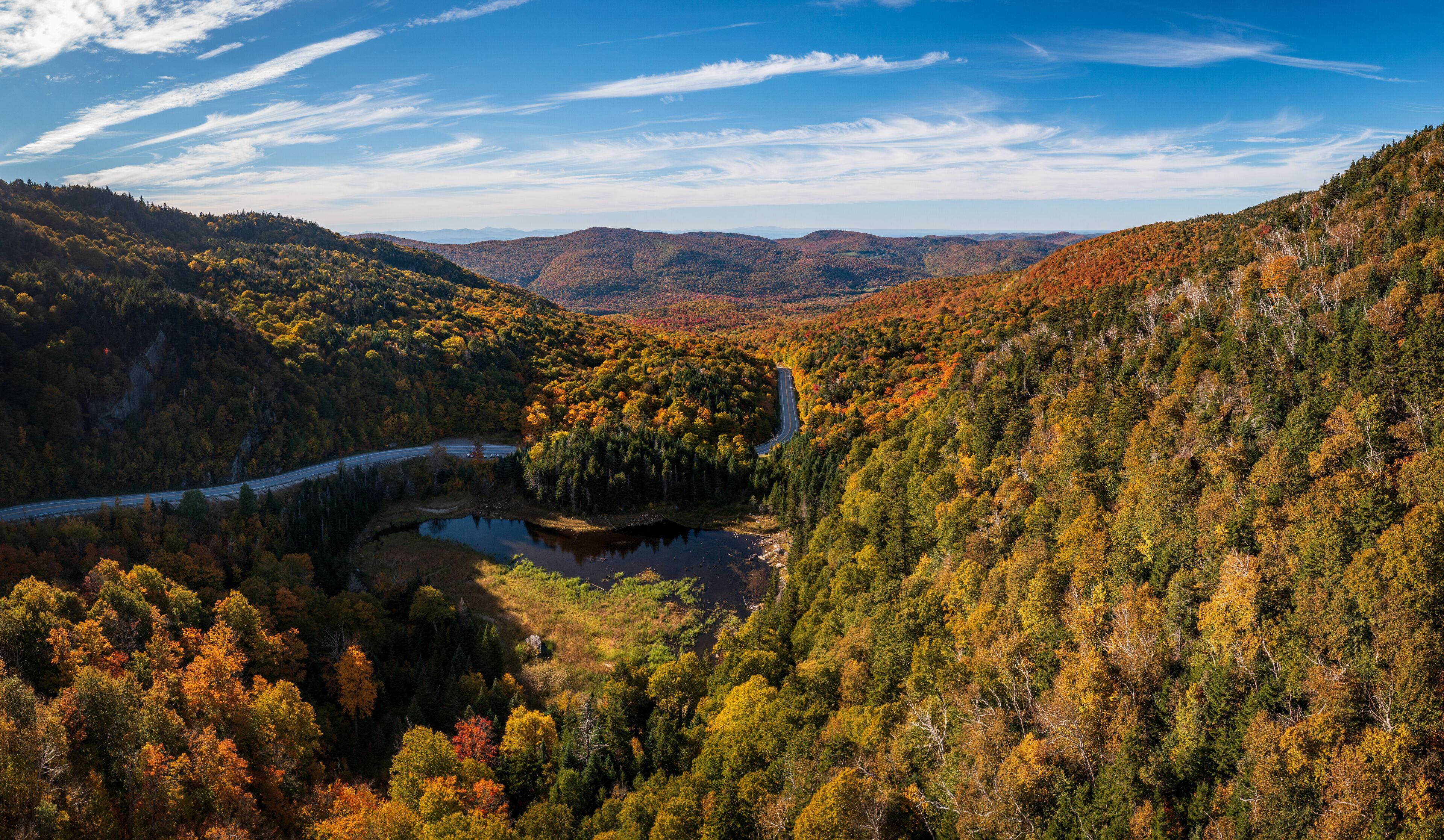 Aerial view of Appalachian Gap road or Route 17 between Vergennes to Waitsfield in Vermont during the fall