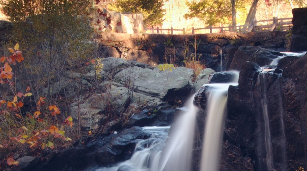 State park with a pretty waterfall and a covered bridge.