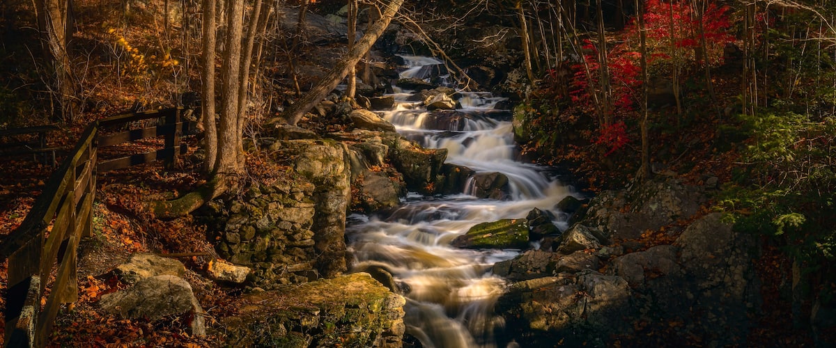 A waterfall in a forested area with autumn foliage.