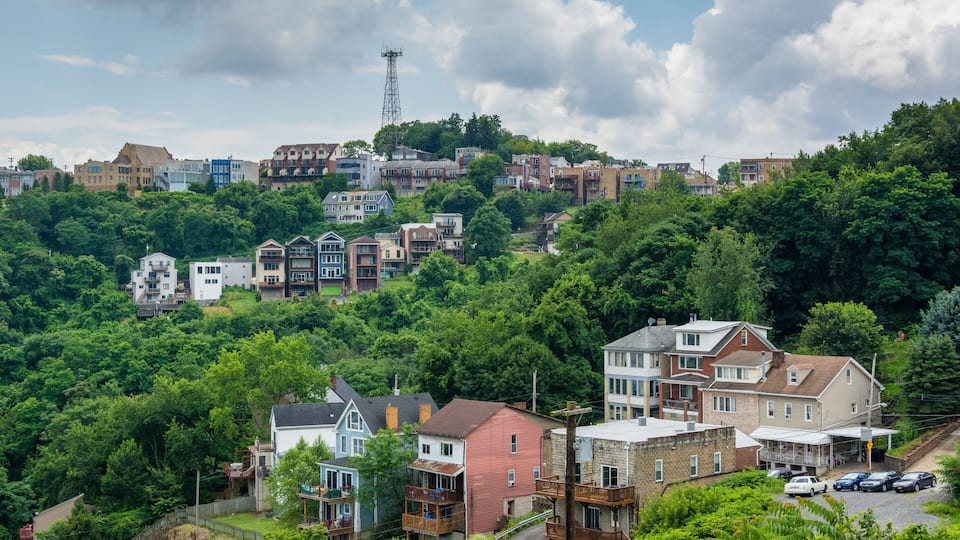 A hillside residential area with houses, a power line tower, and lush greenery.
