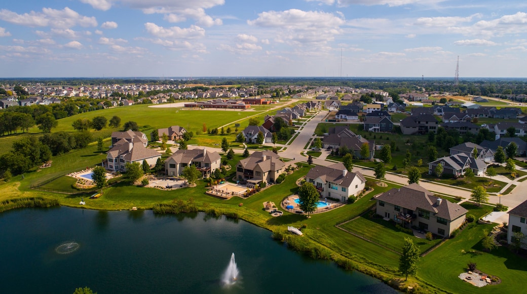 A suburban neighborhood with houses, a lake, and a fountain.