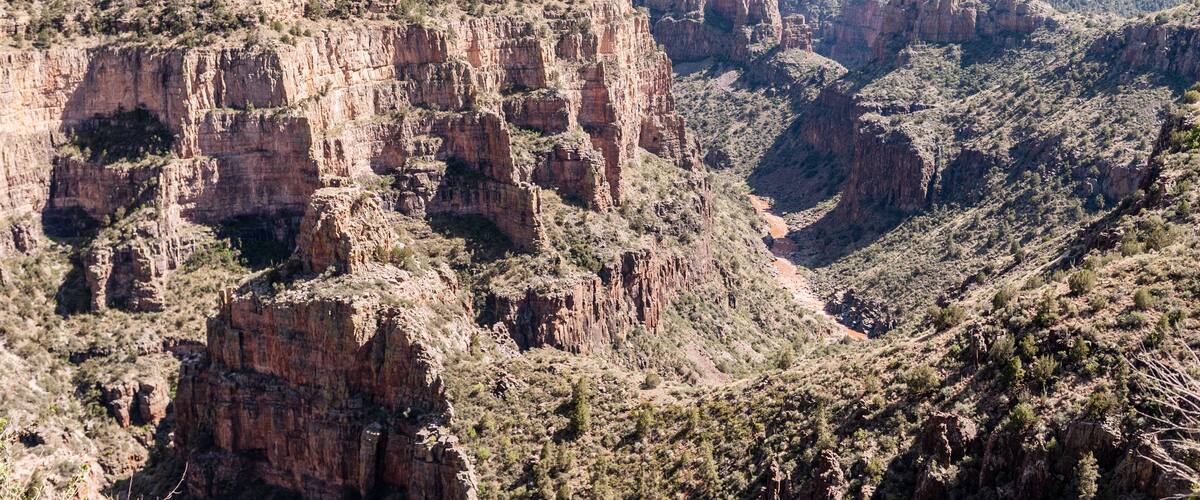 A canyon with rugged cliffs and sparse vegetation.