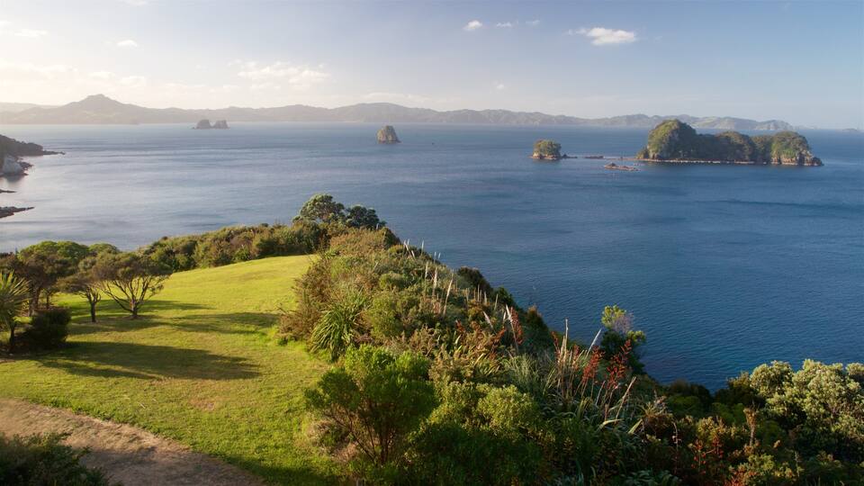 A coastal landscape with grassy hills, a calm sea, and distant islands.