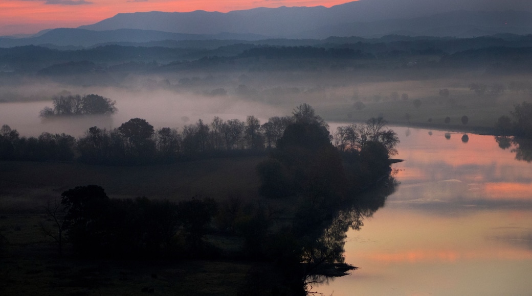 Sunrise view of the French Broad River from the skybridge at Adrenaline Park, Kodak, Tennessee