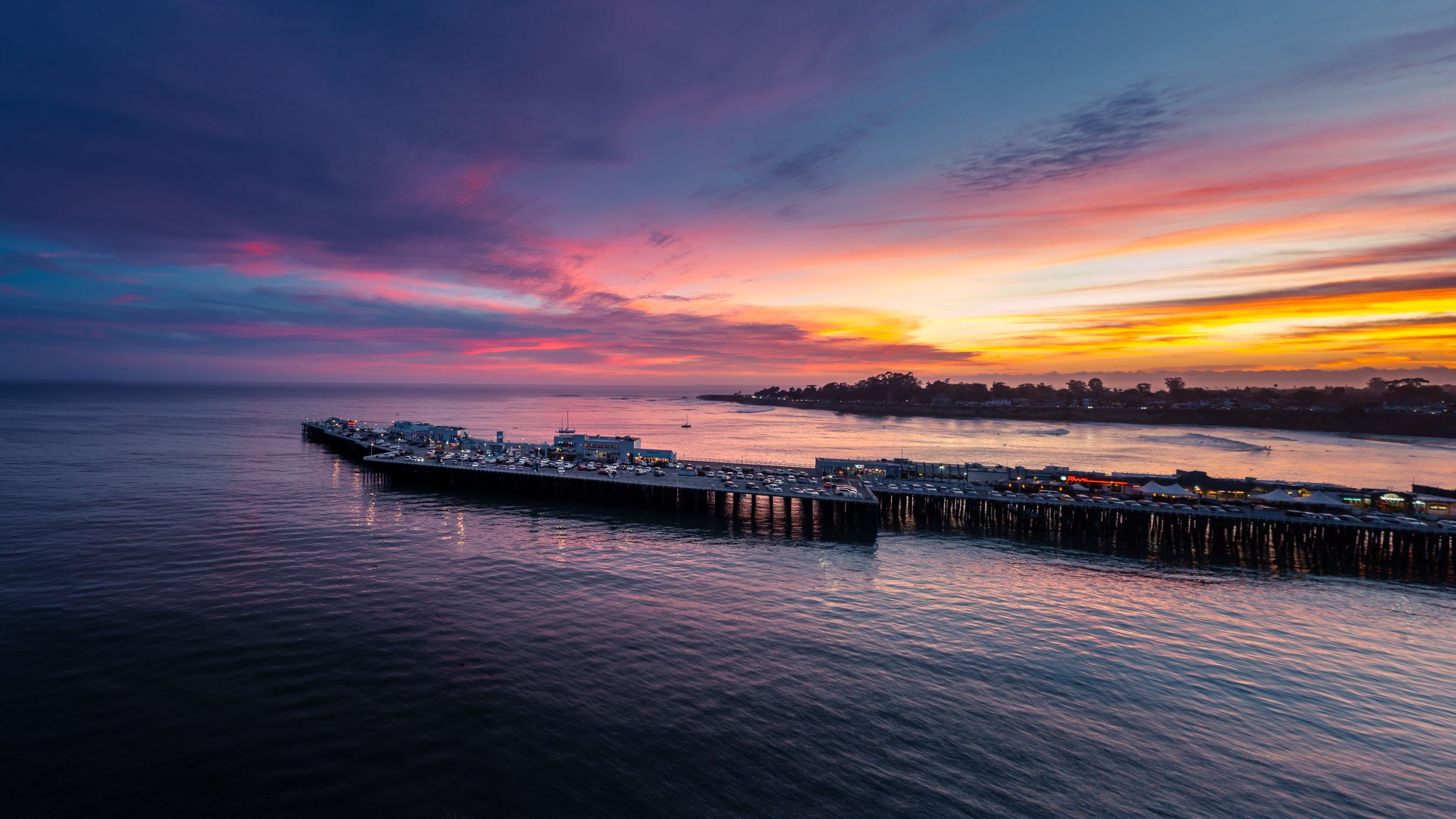 Santa Cruz Wharf Pier Aerial View at Sunset, California