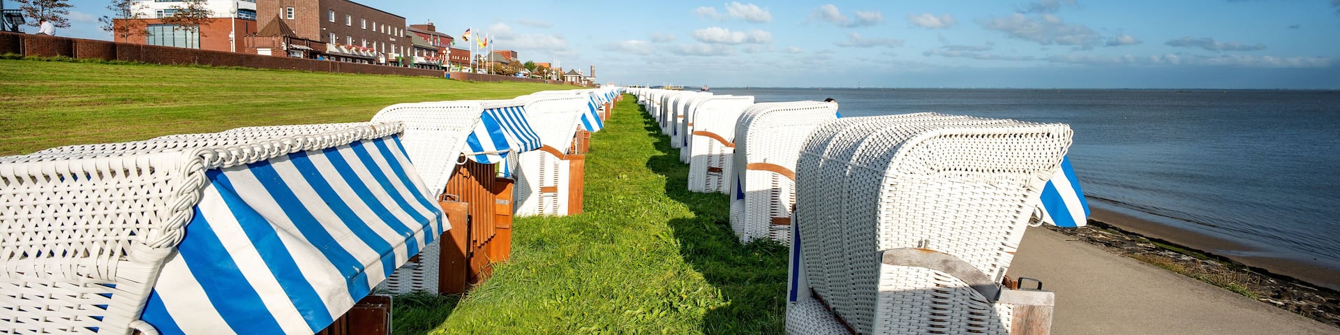 A row of beach chairs with blue and white striped awnings along a grassy path leading to the beach.
