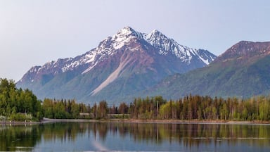 A calm lake with a reflection of trees and mountains in the background.