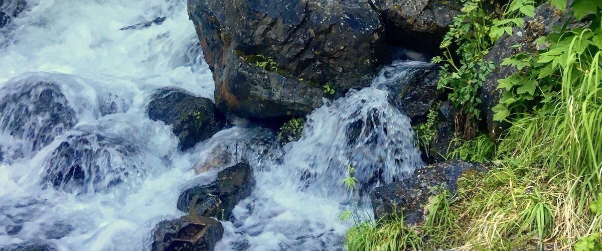 A waterfall cascading over rocks in a forested area.