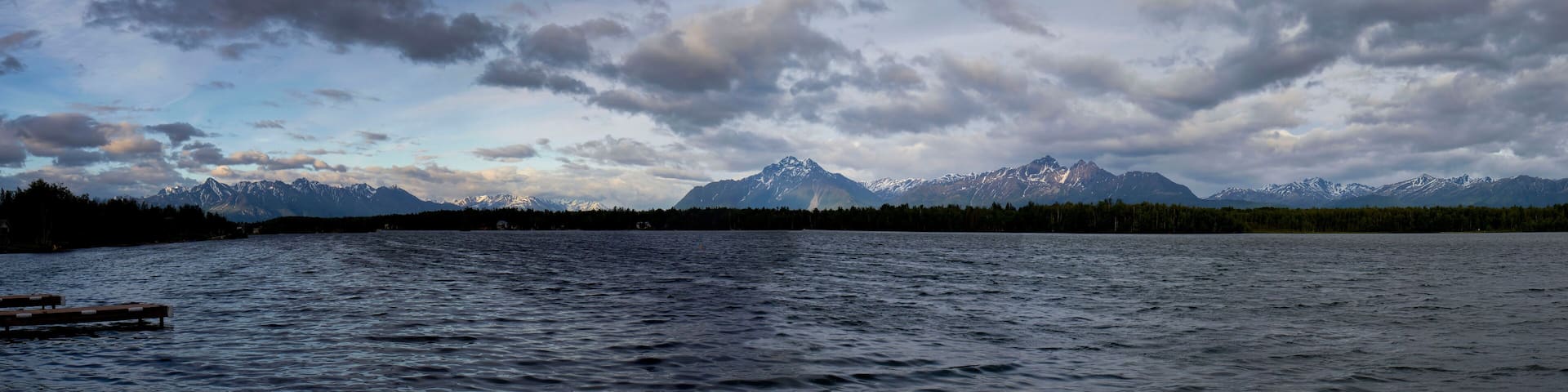 Pano of mountains behind lake in Wasilla