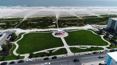 Paisagem costeira urbana com uma extensa praia arenosa, um parque central com design circular e uma área de estacionamento com carros.
