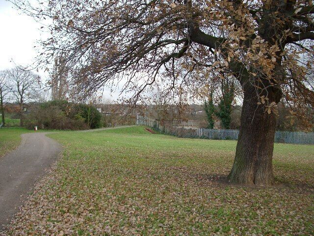Ray Lodge Park, Woodford Bridge. Looking east over the River Roding and M11 motorway to the ridge where Chigwell lies. The footbridge over the river, from which the view in TQ4292 was taken, can be seen just to the left of the tree