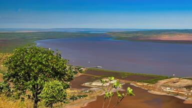 Panoramic view to the South of Wyndham Port ( the northernmost town of Western Australia), the Cambridge Gulf and vast mudflats along the Gulf, East Kimberley, Western Australia