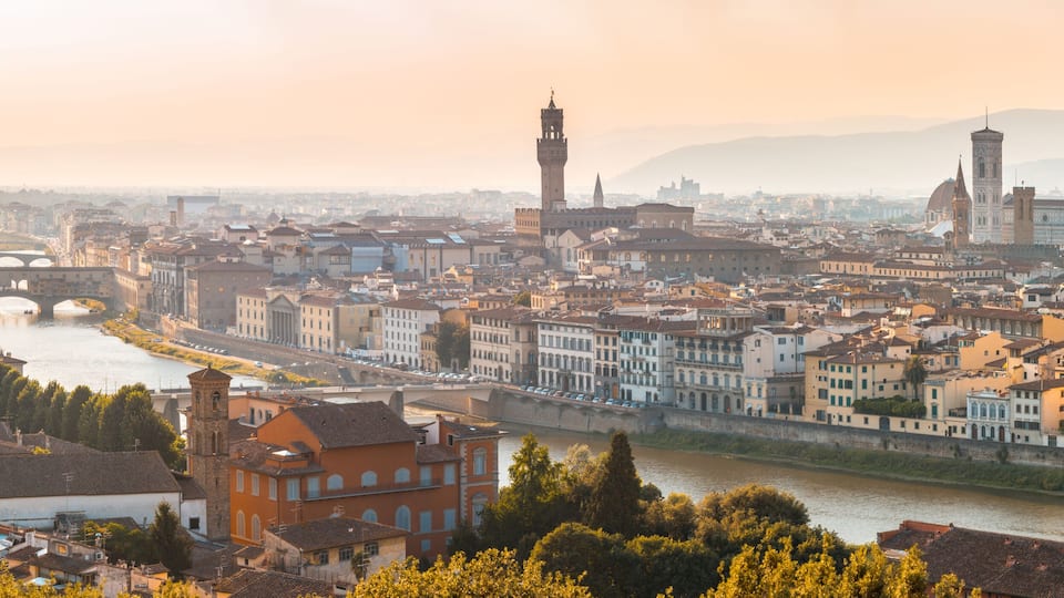 A panoramic view of a historic city with a river, prominent towers, and a large dome structure.