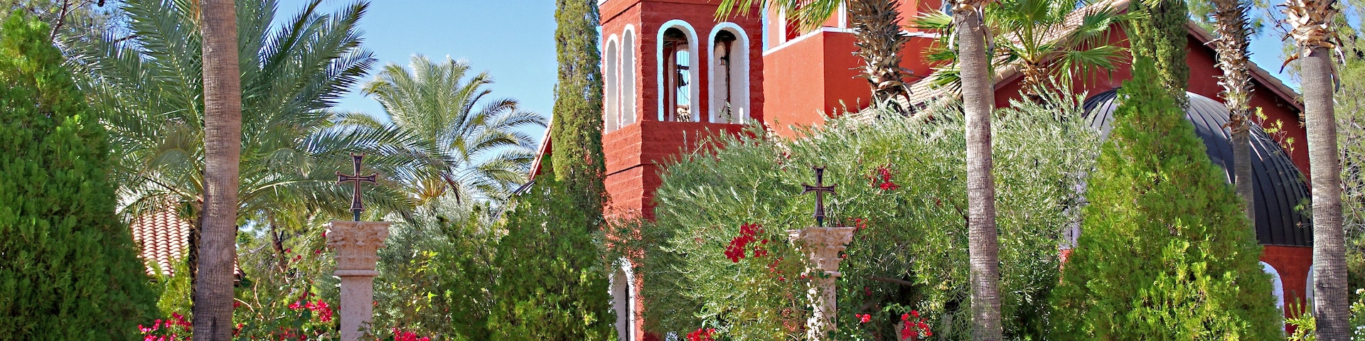 The monastery consists of seven chapels and lush grounds. Shown here is the main entry and the exterior of one of the chapels