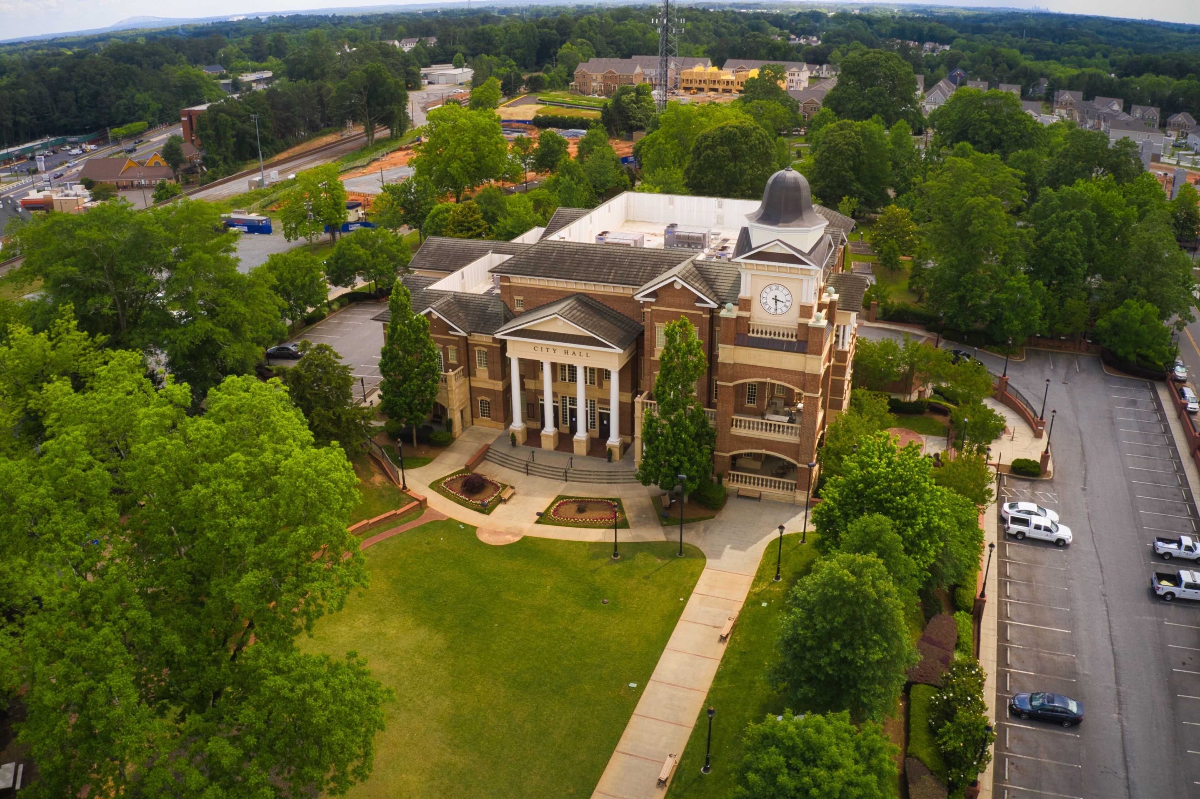 Aerial view of City town hall building in Duluth, GA