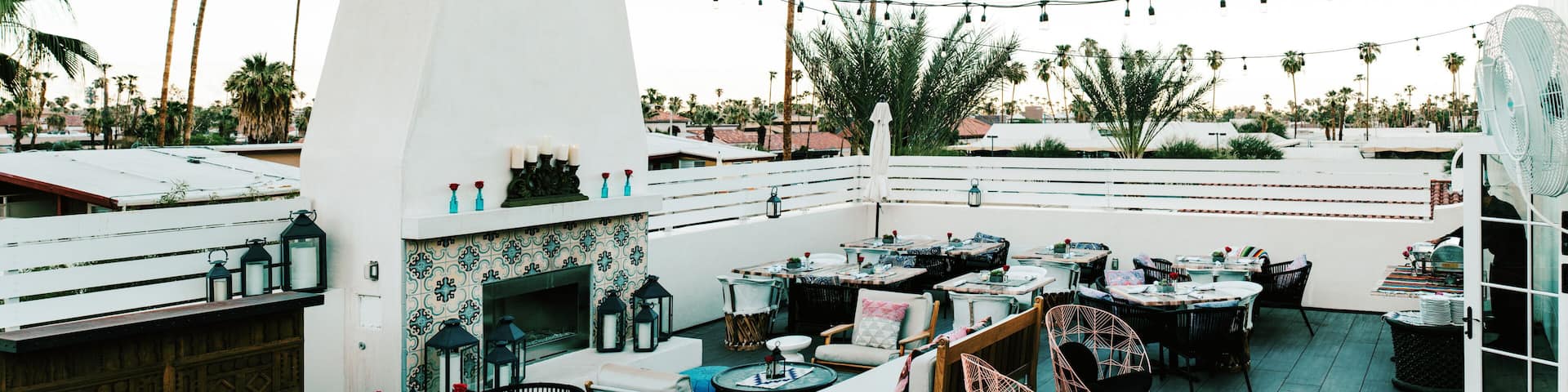 Panorama Shot of Chic Palm Springs Rooftop Restaurant