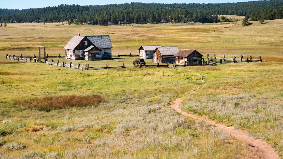 A rural landscape with a dirt path, wooden fences, and several log cabins.