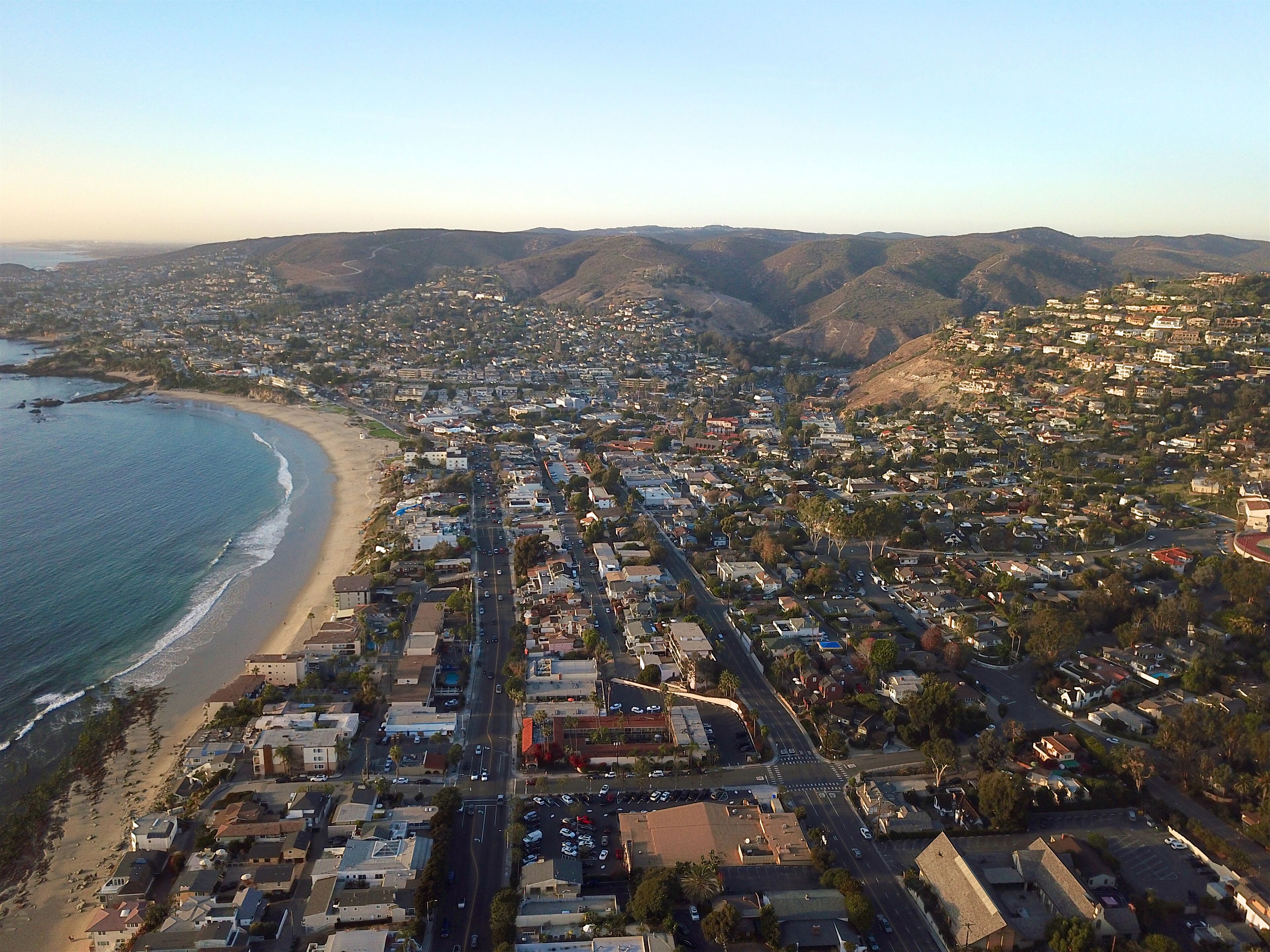 Aerial view Laguna Hills, Orange County, California, beach sea front before sunset time.