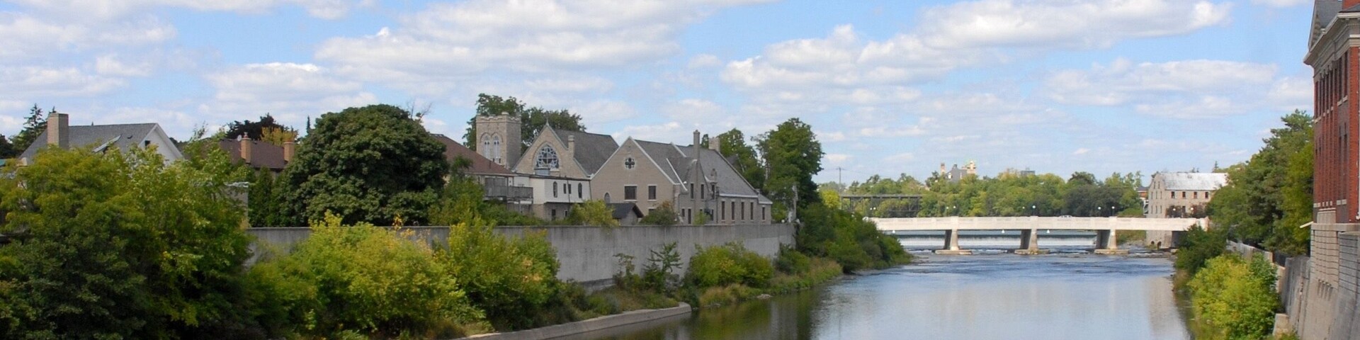View along the Grand River in Cambridge Ontario, Cambridge Ontario, 19th century architecture in the background