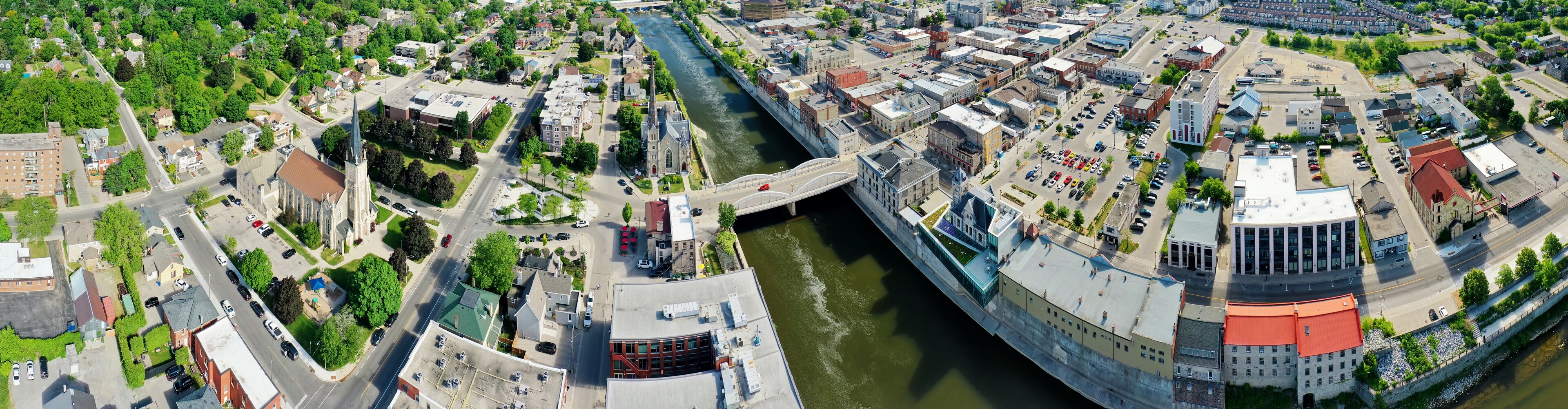 Aerial panorama view of Cambridge, Ontario, Canada in spring