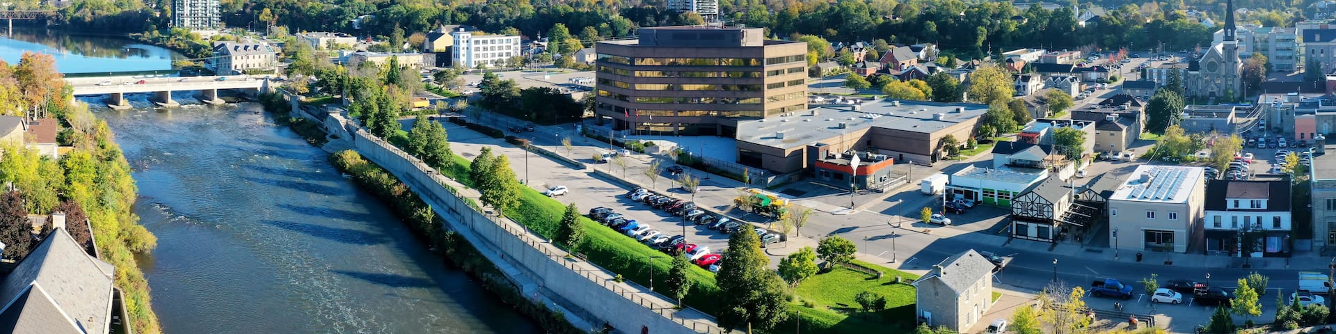Aerial of Cambridge, Ontario, Canada in spring