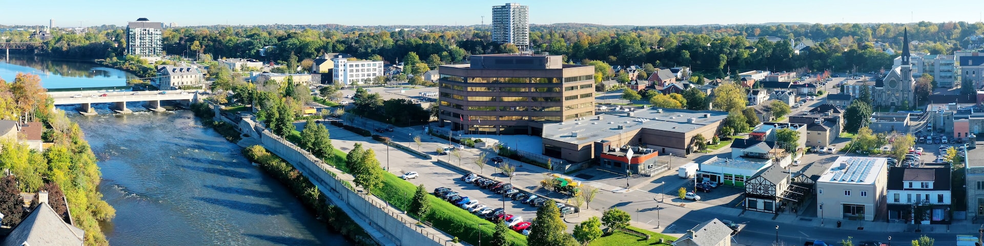 Aerial of Cambridge, Ontario, Canada in spring