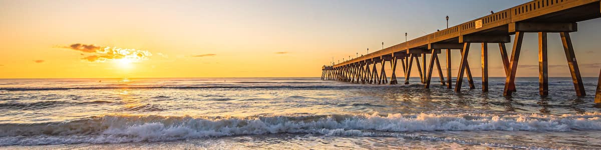 Johnnie Mercers Fishing Pier at sunrise in Wrightsville Beach east of Wilmington,North Carolina,United State.