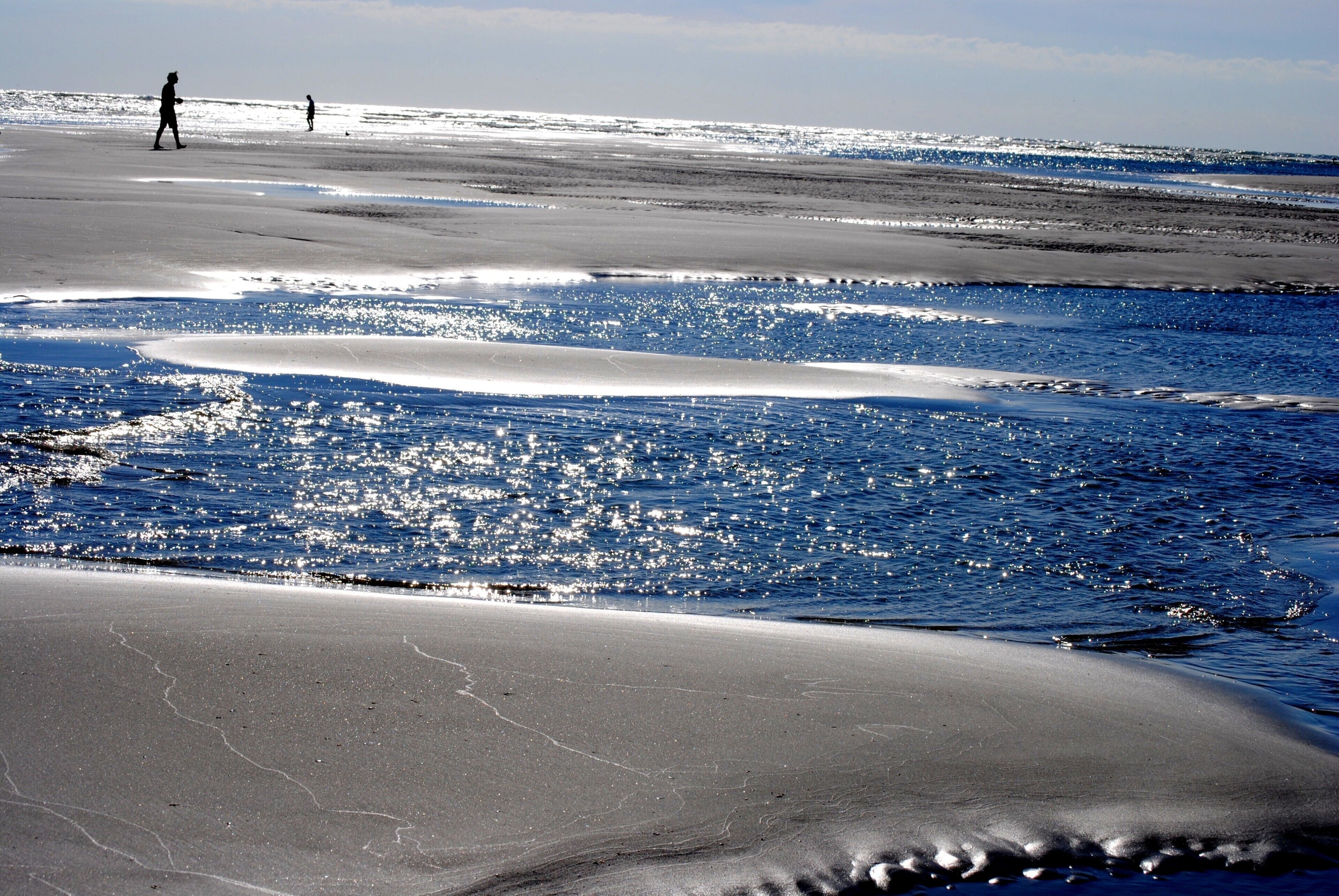 our favorite place to go when its beach time, is Wrightsville  Beach NC  as it is quiet . 
what makes this beach so special is when the tide goes out.....it goes way out and leaves beautiful patterns in the sand along with interesting sandbar formations.