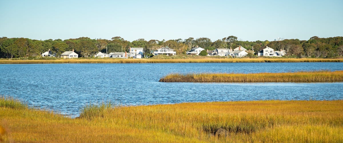 A calm lake with grassy banks and houses in the background.