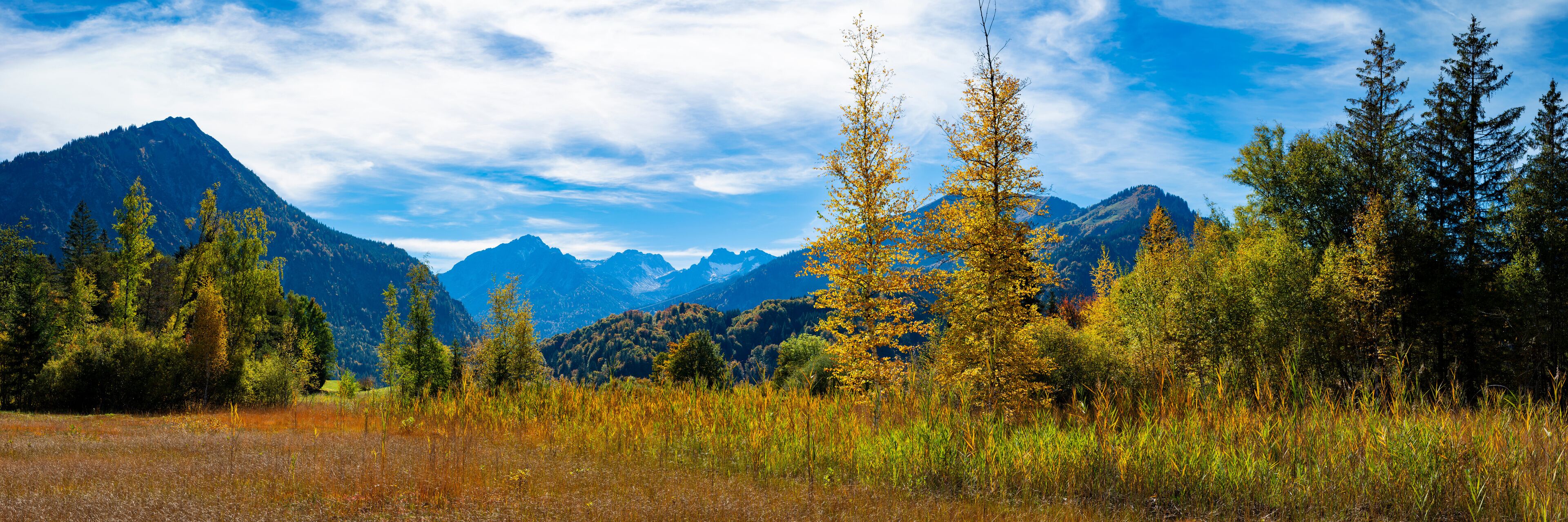 A mountainous landscape with autumn-colored trees and a clear sky.