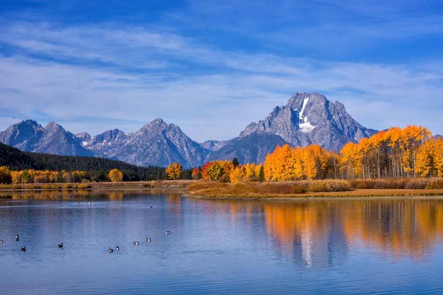 Um lago com patos, árvores em tons de outono e uma cordilheira ao fundo.