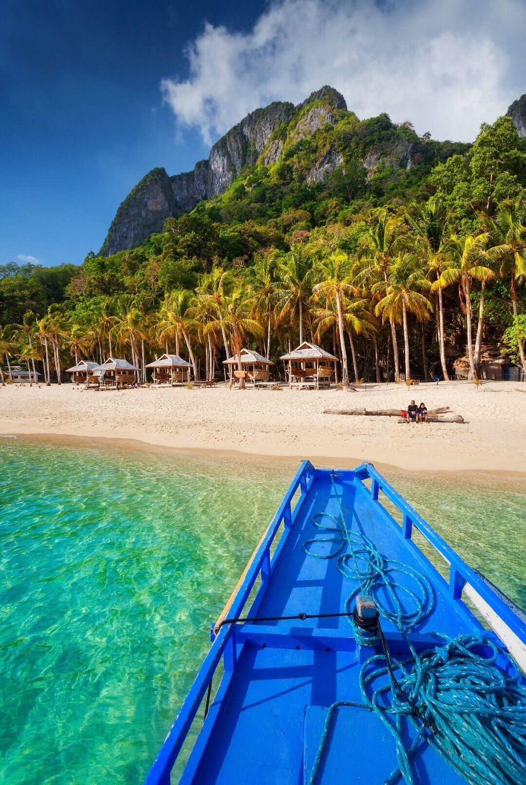 A boat on clear turquoise water, a sandy beach, and palm trees with a mountain in the background.