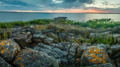 Panorama of Lake Colac at dusk in a blue light