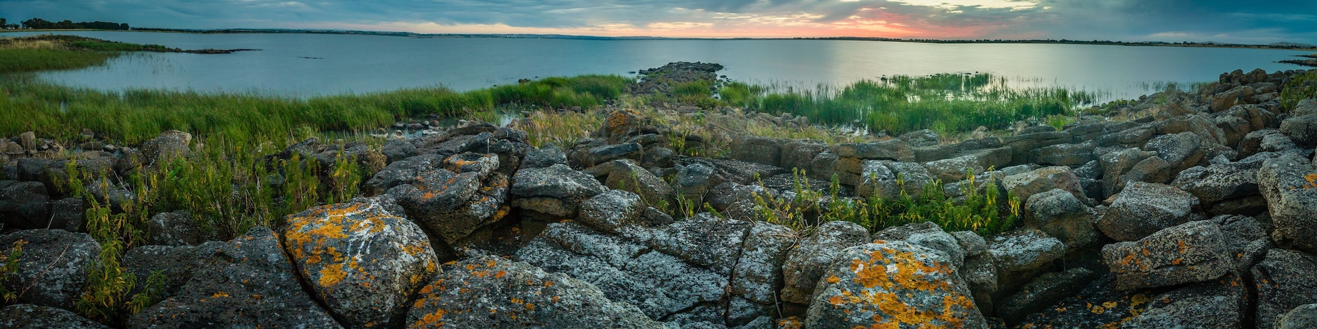 Panorama of Lake Colac at dusk in a blue light
