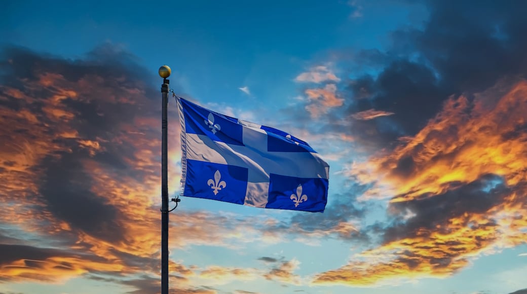 The Flag of Quebec flying against the sky