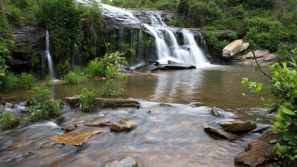 A waterfall cascading over rocks into a clear stream surrounded by lush greenery.