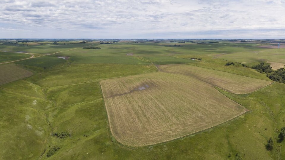 360 degree aerial seamless panorama of farmland in eastern South Dakota near Madison.