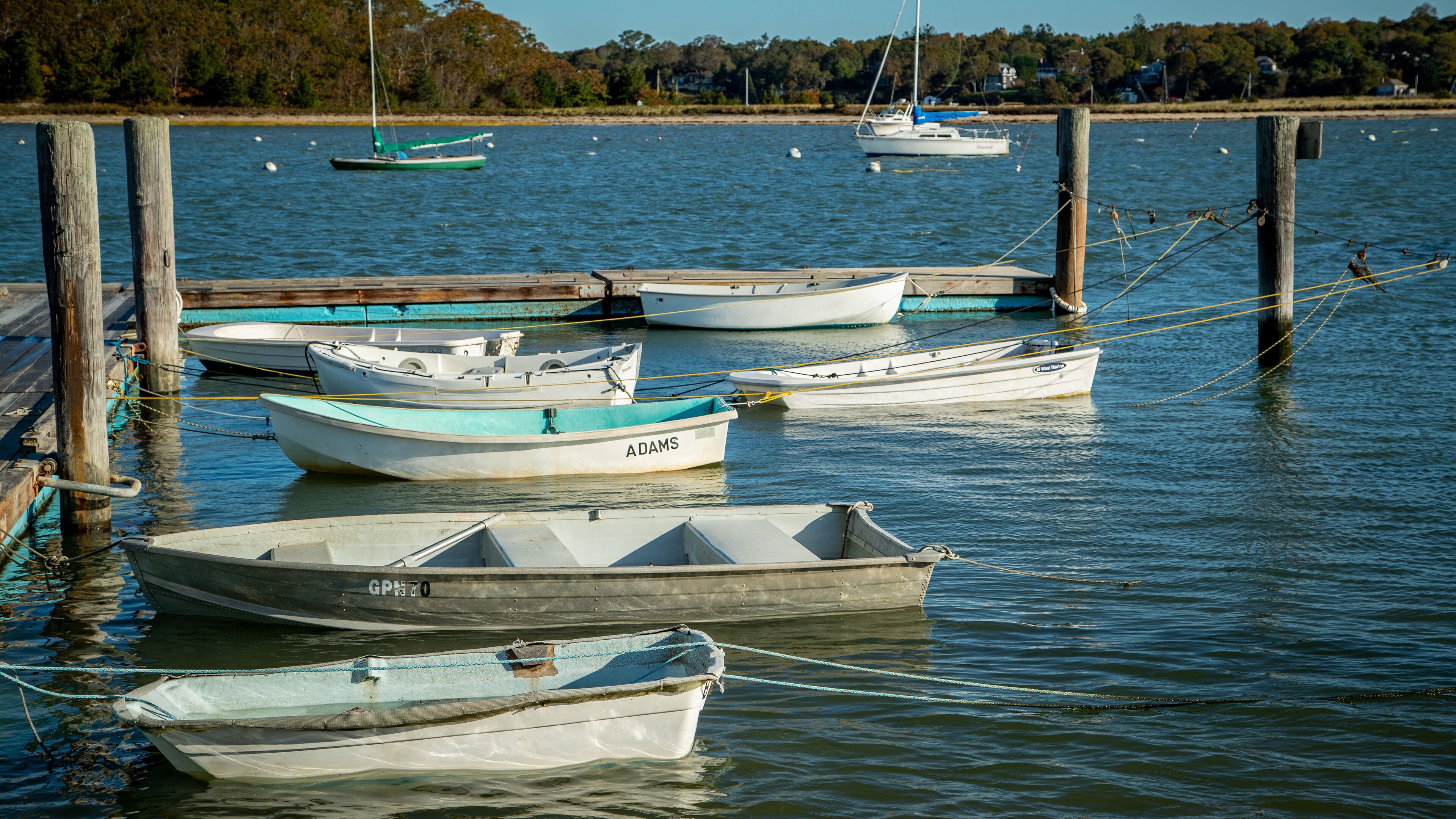 Several small boats docked at a wooden pier with a calm water body and a forested shoreline in the background.